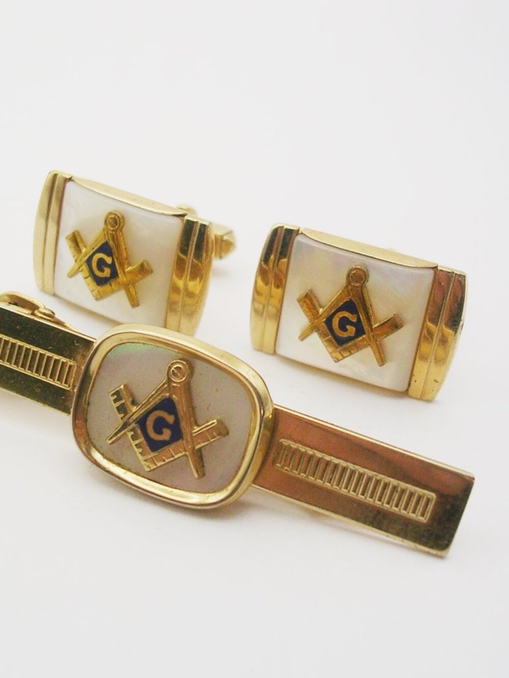 Freemason Cuff Links Tie Clip Set vintage masonic Suit Accessory Mother of Pearl